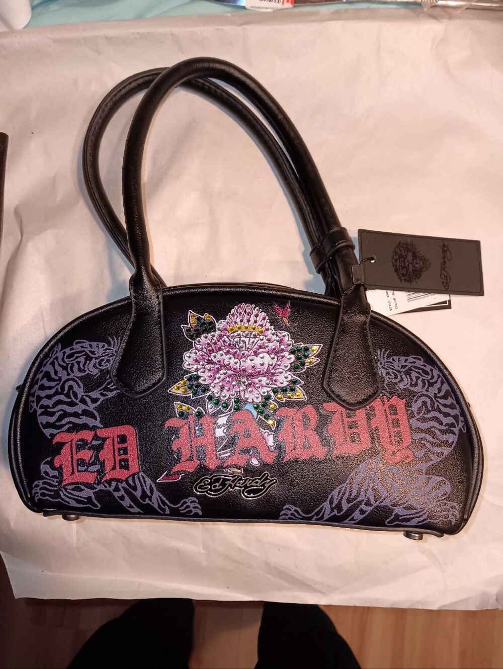Ed Hardy Black Graphic Print Shoulder Bag Rhinestones Logo Zips